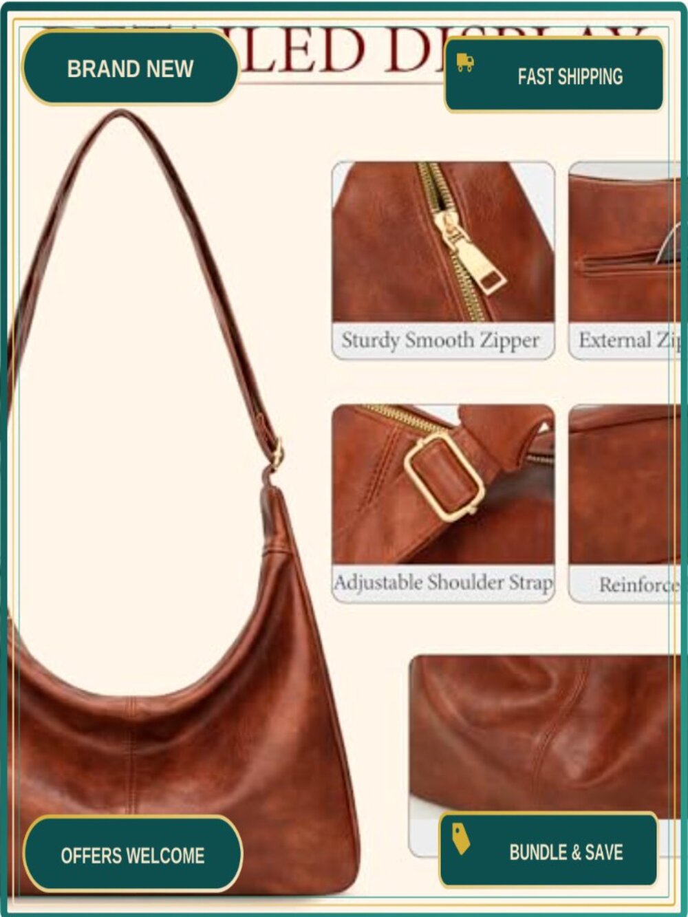 Slouchy Hobo Shoulder Bag Vegan Leather Adjustable Crossbody Purse - Picture 3 of 6